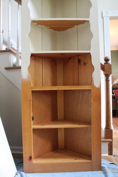 Corner Cupboard in middle of vintage-style makeover (800x1200) Corner Cabinet Ideas Living Room, Corner Hutch Decor, Corner Hutch Makeover, Stacked Tile Backsplash, Corner Cabinet Makeover, Bookshelves Styling, Vintage Corner Cabinet, Painted Corner Cabinet, White Corner Cabinet