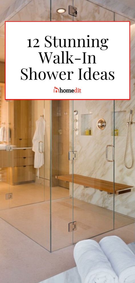 Searching walk-in shower design inspiration for your bathroom makeover? Check out 12 chic walk-in shower ideas for your modern bathroom design and interior plans. Whether you're interested in small bathroom walk-in showers, half-wall designs, wall-no-door setups, or showers with benches, we've got all the inspiration you need for your bathroom remodel! Small Walk In Shower Remodel Ideas, Bath Shower Ideas Bathroom Renovations, Shower Styles Walk In, Shower Ideas No Glass Door, Walk In Shower Designs Tile Modern, Showers With Windows Walk In, Zero Entrance Shower Ideas, His And Hers Walk In Shower Ideas, Tilting Mirror Bathroom