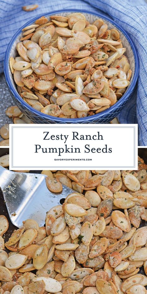 Ranch Pumpkin Seeds take roasted pumpkin seeds to a whole new level. With only 3 ingredients, they're an easy and delicious fall snack! #roastedpumpkinseeds #ranchpumpkinseeds www.savoryexperiments.com Ranch Pumpkin Seeds, Ranch Roast, Maple Roasted Pumpkin Seeds, Best Pumpkin Seed Recipe, Flavored Pumpkin Seeds, Spicy Roasted Pumpkin Seeds, Perfect Pumpkin Seeds, Healthy Crunchy Snacks, Homemade Pumpkin Seeds