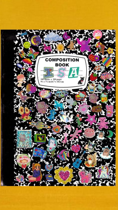 my notebook !! #y2k #stickers #90s #notebook 90s Notebook, Y2k Notebook, 90s Yearbook, Y2k Stickers, Early 2010s, My Notebook, Composition Book, Art Tutorials Drawing, Early 2000s