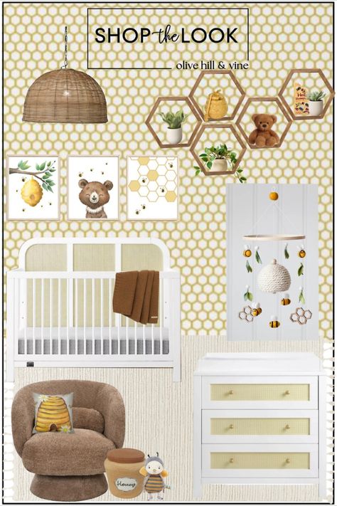 Bee And Sunflower Nursery, Bee Room Aesthetic, Honey Nursery Theme, Honey Themed Nursery, Honeybee Nursery Ideas, Bumblebee Nursery Theme, Honey Bee Nursery Theme, Honeycomb Nursery, Bee Bedroom Theme