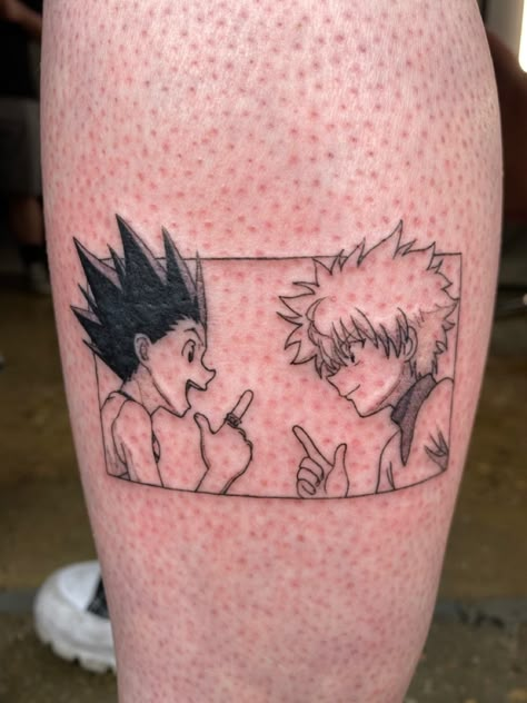 Hxh Killua Tattoo, Killua Minimalist Tattoo, Hunter X Hunter Gon Tattoo, Hunterxhunter Tattoo Ideas, Hxh Tattoo Ideas Killua, Killua Tattoo Design, Anime Knee Tattoo, Gon X Killua Tattoo Design, Killua X Gon Tattoo