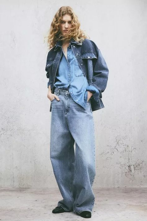 Denim Shirts | SheerLuxe Summer Denim Outfits, Denim Photoshoot, Tomboy Shirts, Denim Collar, Denim Polo, Look Jean, Sleeve Placket, Denim Shirts, Loose Fit Shirts