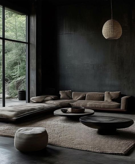 Dark Japandi Interiors, Wabi Sabi Home Interior Design, Dark Modern Interior, Moody Master, Wabi Sabi Living Room, Wabi Sabi Interior Design, Dark Interior Design, Moody Living Room, Wabi Sabi Interior