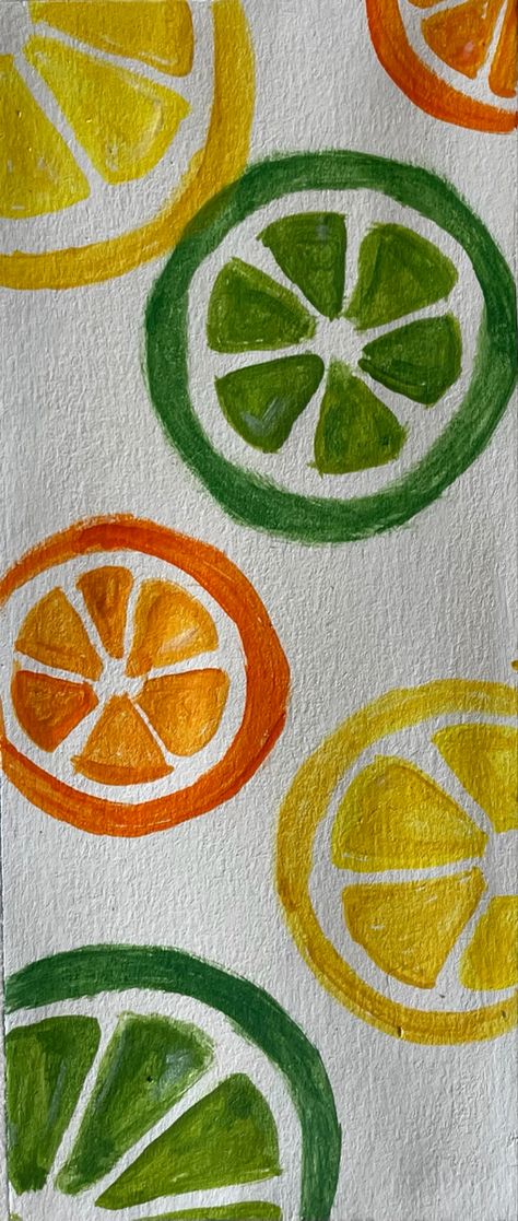 Fruit Aesthetic Painting, Small Bathroom Inspo Simple, Lemon And Lime Drawing, Lime Paintings Easy, Cute Lemon Painting, Mini Fruit Painting, Lemon And Lime Painting, Painted Lemon Slice, Simple Lemon Painting