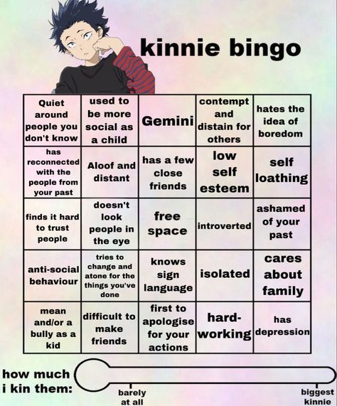 Shera Kinnie Bingo, Kin List Bingo, Neon Genesis Evangelion Kinnie Bingo, Monster High Kinnie Bingo, Shoya Ishida Kinnie, Rei Kinnie Bingo, A Silent Voice Kinnie Bingo, One Piece Kinnie Bingo, Langa Kinnie Bingo