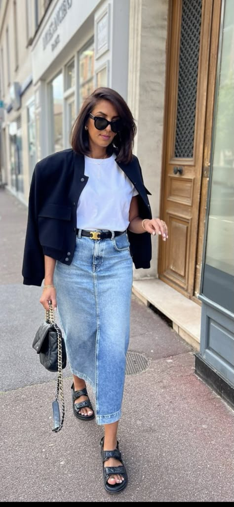 Alluring Outfits, Long Denim Skirt Outfits, Denim Skirt Outfit Summer, Denim Midi Skirt Outfit, Long Denim Skirt Outfit, Denim Skirt Outfit, Pinterest Predicts, Jean Skirt Outfits, Long Jean Skirt