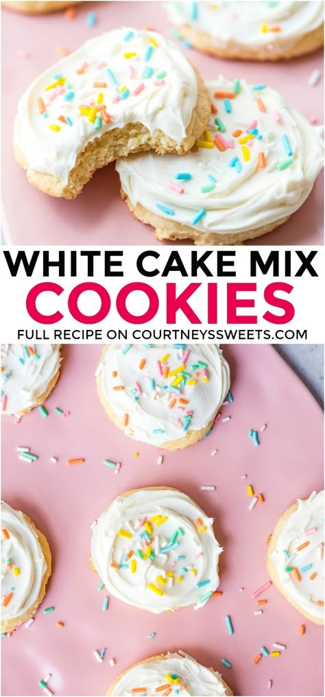 white cake mix cookies recipe using boxed cake White Box Cake Recipes Ideas, White Cake Box Cookies, Recipes With Vanilla Cake Mix Boxes, What To Make With White Cake Mix Recipes, Cakemix Cookie, White Cake Mix Recipes, White Cake Mix Cookies, Easy Vanilla Cake Recipe, Cake Box Cookies