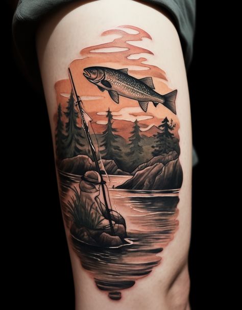 Fisherman Tattoo Ideas, Fish Tattoo Design For Men, Fishing Tattoo For Men, Fishing Lure Tattoo, Fisherman Tattoo, Fishing Tattoos, Rip Tattoos, Outdoor Tattoo, Men's Tattoo