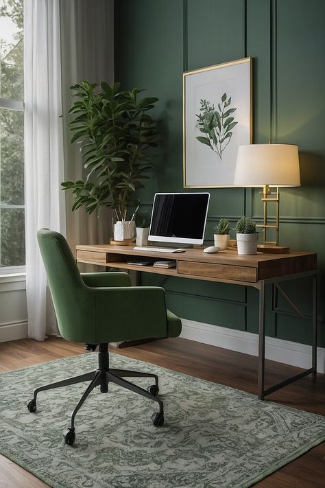 sage green and white cozy home office set the scene wi 1 Grey And Green Office Ideas, Sage Green Study, Green Office Aesthetic, Therapy Office Aesthetic, Sage Green Office Ideas, Sage Green Home Office, Green Study Room, Office Sage Green, Therapist Office Aesthetic