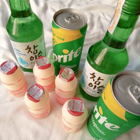 Yakult, soju, sprite, korean drink Korean Drinking Alcohol Aesthetic, Essen, Soju Shots Aesthetic, Soju With Yakult And Sprite, Korean Alcohol Aesthetic, Soju Yakult Recipe, Alcoholic Beverages Aesthetic, Korean Drinks Aesthetic Soju, Korean Soju Aesthetic