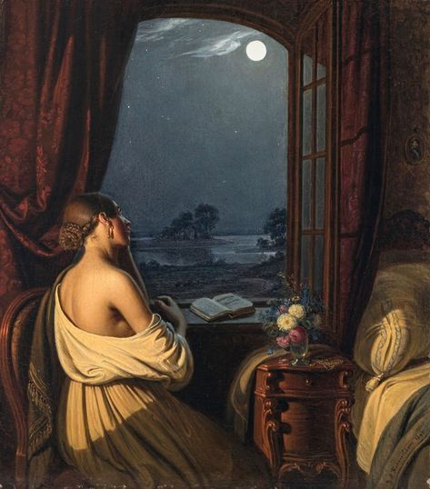 Moon Painting, Classic Paintings, A4 Poster, Old Paintings, Window Painting, Romantic Art, Open Window, Classical Art, Moon Art