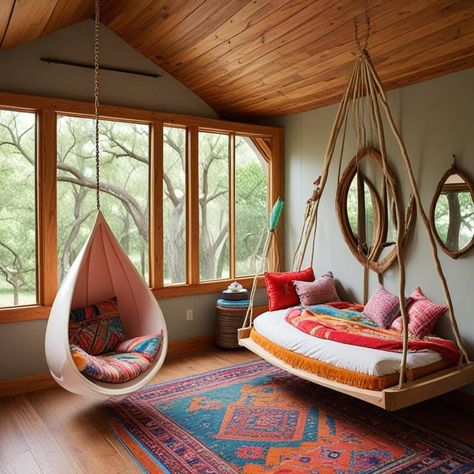 A Fort-Like Treehouse Bed: Crafted for adventure, this sturdy bed becomes a cozy haven for playtime dreams. Sturdy wooden swing Suspended from the ceiling, it invites hours of playful soaring and gentle swaying Cool Fort Ideas, Wooden Floating Bed, Crazy Bedroom Ideas, Reading Hammock, Wooden Room Decor, Fort Bed, Treehouse Bed, Teardrop Mirror, Whimsical Treehouse