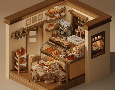 Bakery Building Design, Isometric Bakery, Blender Room, Isometric Rooms, Isometric Room, Blender Art, Bakery Interior, Cafe Inspiration, Café Design