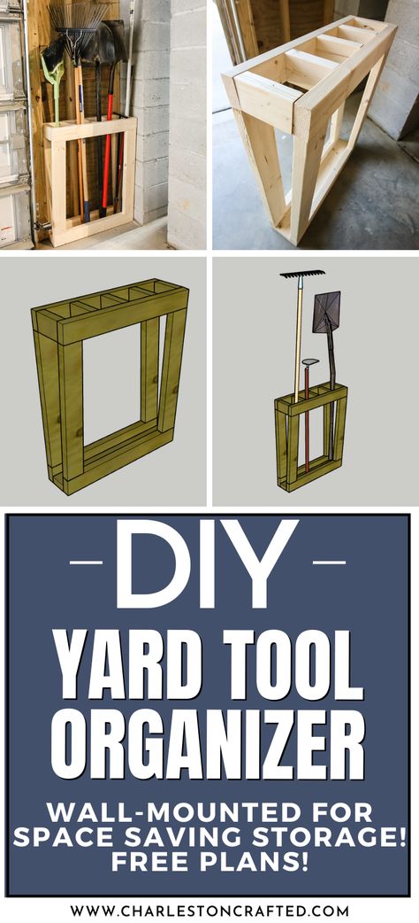 Lawn And Garden Tool Storage, Outdoor Tool Storage Ideas Shed, Diy Rake And Shovel Holder, Tool Organization Basement, Long Handle Tool Storage, Yard Tool Organization Diy, Diy Yard Tool Holder, Diy Garden Tool Rack, Simple Tool Organization