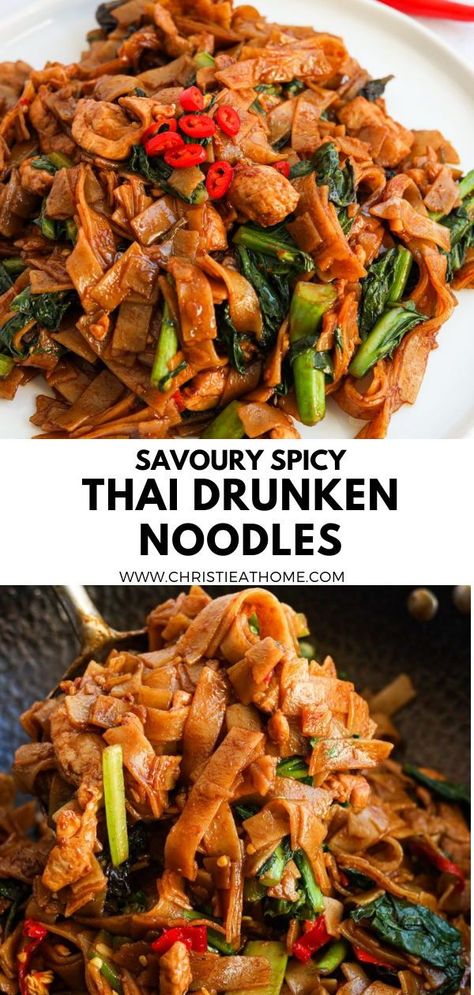 Easy Drunken Noodles, Easy Drunken Noodles Recipe, Thai Drunken Noodles Recipe, Rice Noodle Dishes, Best Pad Thai Recipe, Thai Recipes Noodles, Pad Kee Mao, Thai Drunken Noodles, Spicy Thai Noodles