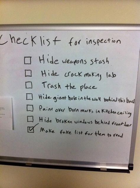 This checklist on a white board for an apartment inspection. Funny Checklist, Kennel Cleaning Checklist, Before Electronics Checklist, Dating Checklist, Home Inspection Checklist, Used Car Inspection Checklist, Evacuation Kit, New Home Checklist, Inspection Checklist