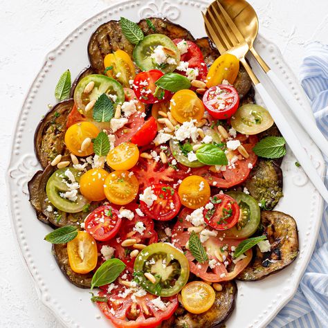 Mediterranean Eggplant Salad Grilled Eggplant Salad, Mediterranean Eggplant, Roasted Eggplant Salad, Cherry Tomato Salad, Eggplant Salad, Tomato Salad Recipes, Italian Dinner Recipes, Grilled Eggplant, Roast Eggplant