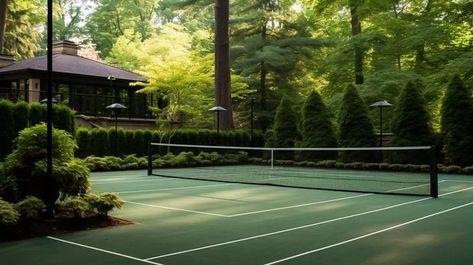 Private Tennis Court Backyard With Tennis Court, Residential Sports Court, Backyard Sports Court Landscaping, Residential Tennis Court, Tennis Court Home, Tennis Court Fence, House With Tennis Court, Home Tennis Court, Backyard Tennis Court