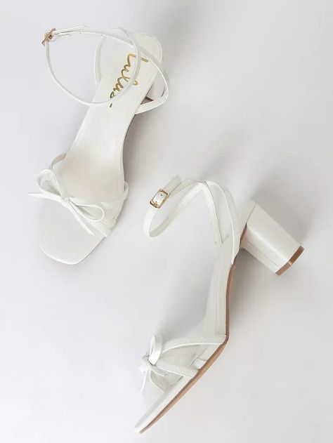 Dressy Sandals For Wedding, Heels With A Bow, Sandals For Wedding, White Block Heel Sandals, Shifting Closet, Bridesmaids Heels, Graduation Shoes, Shoes Fashion Photography, White Block Heels