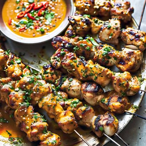 Thai Coconut Chicken Skewers with Spicy Peanut Sauce - Salted Mint Grilled Thai Coconut Chicken Skewers, Thai Coconut Chicken Skewers, Coconut Chicken Skewers, Thai Chicken Skewers, Marinated Chicken Kabobs, Oven Fried Chicken Tenders, Skewers Recipes, Greek Chicken Meatballs, Thai Mat