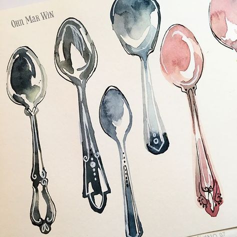 - ̗̀ @leyna98 ̖́- Spoon Drawing, Abstract Watercolor Tutorial, Ohn Mar Win, Sketchbook Artist, Gcse Art Sketchbook, Food Sketch, Vintage Spoons, Sketch A Day, Watercolor Sketchbook