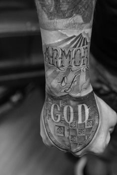 IMG_2596                                                                                                                                                                                 More Faith Tattoo Designs, Armor Of God Tattoo, Tattoo Christian, Shoulder Armor Tattoo, Biblical Tattoos, God Tattoo, Christ Tattoo, Christian Sleeve Tattoo, Armor Tattoo