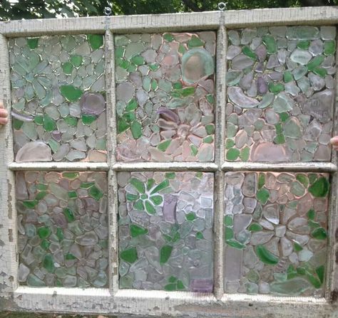 Seaglass Window, Seaglass Projects, Window Pane Art, Ocean Cottage, Sea Glass Window Art, Sea Glass Window, Recycled Windows, Painted Windows, Repurposed Windows