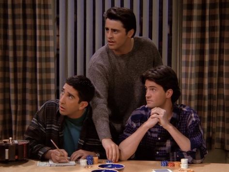 chandler bing, joey tribbiani, & ross geller in 1x18 of friends; matthew perry, matt leblanc, & david schwimmer; the one with all the poker Friends (tv Series), Matt Leblanc, David Schwimmer, Friends Cast, Ross Geller, Friends Tv Series, Joey Tribbiani, Friends Moments, Friends Series