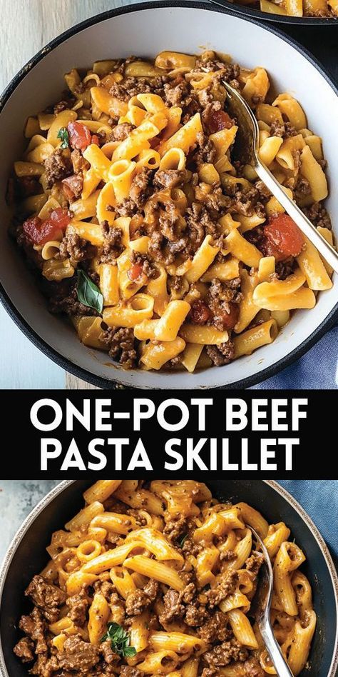 One-Pot Beef Pasta Skillet Ingredients: 1 lb lean ground beef 1 small onion, diced 2 cloves garlic, minced 2 cups beef broth 1 cup milk 2 cups elbow macaroni (or any short pasta) 1 can (14.5 oz) diced tomatoes 1 tablespoon tomato paste 1 teaspoon paprika 1 teaspoon dried oregano Salt and pepper to taste 1 cup shredded cheddar cheese Fresh parsley for garnish (optional) #pasta #easyrecipes #camilarecipes Lean Ground Beef Recipe, Elbow Pasta Recipes, Recipes With Diced Tomatoes, Pasta Skillet, Quick Family Dinners, Skillet Pasta, Elbow Pasta, Potted Beef, Beef Pasta