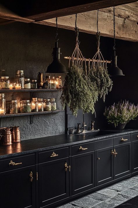 Witchy Farmhouse Kitchen, Witchy Kitchen Cabinets, Kitchen Witchy Decor, Plant Filled Kitchen, Whimsical Goth Kitchen, Witch Kitchen Ideas, Witchy Kitchen Decor Ideas, Witchy Apothecary Kitchen, Witchy House Interiors