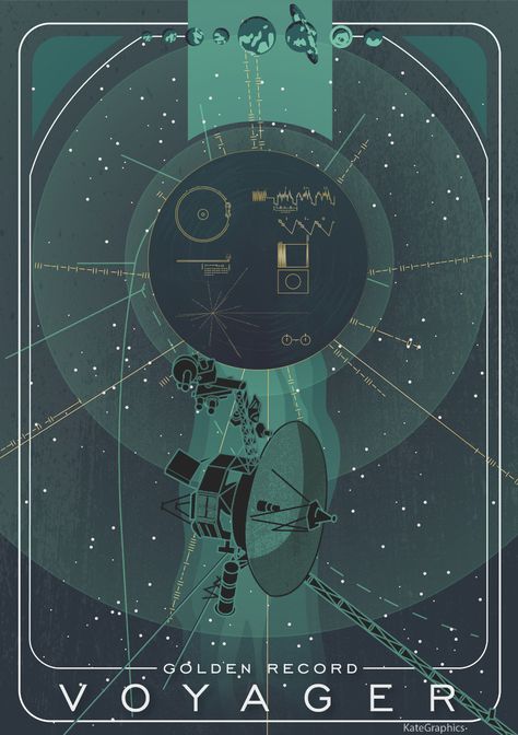 ArtStation - Golden Record - Voyager Nasa vector illustration, Katherine Bjelke Retro Futurism Poster, Spacecraft Illustration, Astronomy Illustration, Nasa Illustration, Voyager Golden Record, Voyager Spacecraft, Golden Record, Nasa Art, Voyager 1