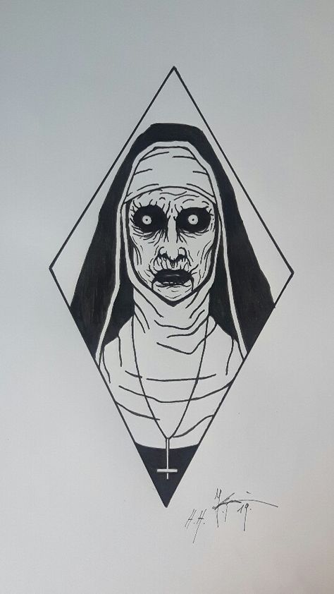 Horror Simple Drawing, The Nun Paintings Easy, Horror Line Drawing, The Nun Drawings Easy, Horror Movies Sketch, Horror Outline Tattoo, Art The Clown Drawing Easy, Horror Easy Drawings, Ghost Drawing Scary Dark