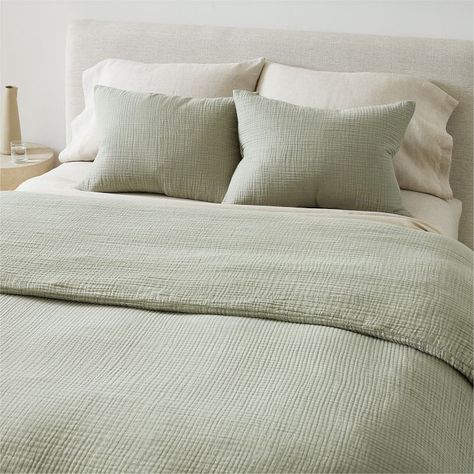 King Bedding Set, Gauze Duvet Cover, Cream Duvet Bedding Ideas, Sage Green Duvet Cover Bedroom Ideas, Queen Bed Layering, Neutral Bedroom Green Accents, Sage Green Bed Set, Bedroom Bedding Ideas Cozy, Green Bedding Aesthetic