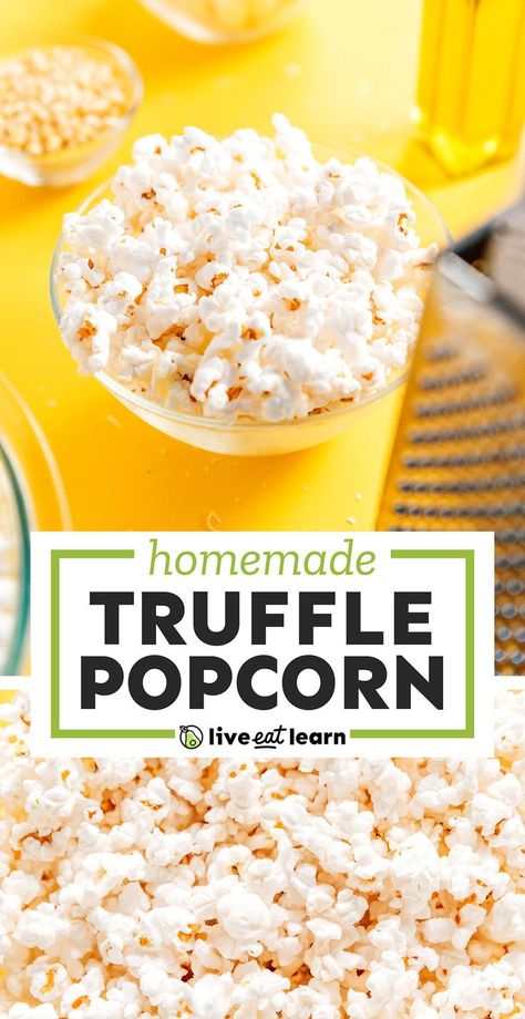 Enjoy the rich flavors of Truffle Popcorn during your next movie night! Made with nutritional yeast or parmesan, salt, and truffle oil! This healthy, gluten-free snack is low calorie but packed with flavor! Truffle Oil Recipes, Truffle Popcorn, Homemade Truffles, Vegan Snack Recipes, Popcorn Recipe, Meatless Main Dishes, Healthy Recipes On A Budget, Healthy Vegan Snacks, Flavored Popcorn