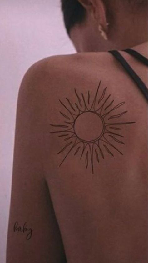 Sunny Tattoo Ideas, Sun On Collar Bone Tattoo, Sun And Leaf Tattoo, Tattoo Without Shading, Sun Back Arm Tattoo, Sun Tattoo Chest Women, Sun Hip Tattoos Women, Sun Tattoo On Back Of Shoulder, Sunshine Shoulder Tattoo