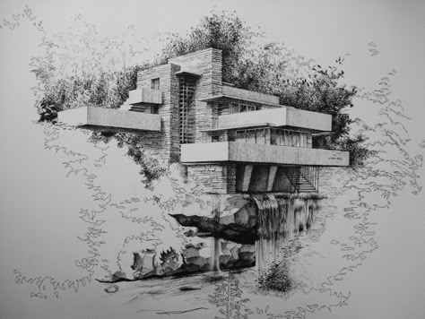 Falling Water Sketch, Architecture Drawing Sketchbooks, Perspective Drawing Architecture, Falling Water, Architect Drawing, Architecture Sketchbook, Architecture Design Sketch, Architecture Design Drawing, Architecture Ideas