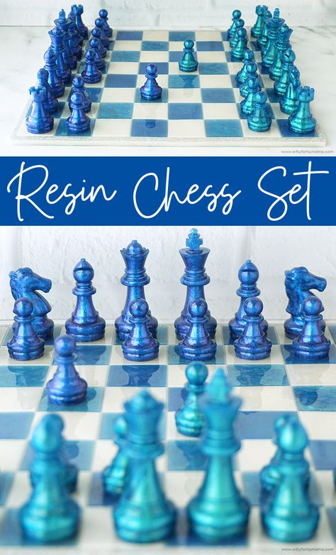 Resin Chess Board Diy, Diy Resin Chess Set, Resin Chess Set Ideas, Resin Chess Board Ideas, Epoxy Chess Set, Chess Resin Idea, Epoxy Resin Chess Set, Chess Resin, Resin Chess Set