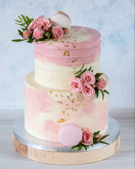 2 Teir Cakes Pink, Pink And White 2 Tier Birthday Cake, White Pink Wedding Cake, Pink And Gold Floral Cake, Pink Flower Cake Design, Two Tier Pink Birthday Cake, Pink Birthday Cake With Flowers, 2 Tier Pink Cake, Pink White Gold Cake