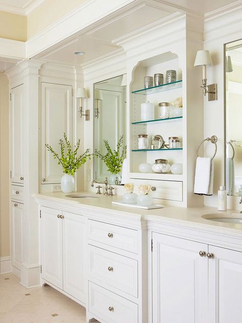 Pretty white bathroom with loads of built-in storage and Federal molding. Subway Tiles, Traditional Bathroom Designs, Timeless Bathroom, Large Bathroom, Bad Inspiration, Master Bath Remodel, Bath Storage, Bathroom Redo, Built In Cabinets