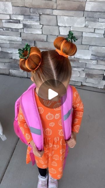 Tiffany Snedaker ❤️ Hairstyles for Girls on Instagram: "Crazy hair day at school! I asked Rosie if she wanted to do pumpkin buns and she was all on board. Last night we ran to Walmart to get some pipe cleaners and orange ribbon. I happened to see orange hair spray so we picked some of that up while we were there. This would also be equally as cute without the orange hair spray. She absolutely loved the finished look. She looks festive for fall and it was perfect for crazy hair day!" Pumpkin Pipe Cleaner Hair, Halloween Pumpkin Hair Bun, Crazy Hair And Sock Day At School, Pumpkin Hair Styles, Funny Hair Day At School, Pumpkin Crazy Hair Day, Short Crazy Hair Day At School, Boo Buns Hair, Pumpkin Bun Hairstyle