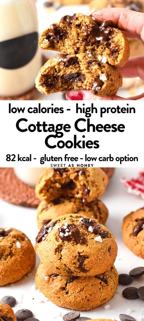 These cottage cheese cookies are delicious melt-in-your-mouth chocolate chip cookies packed with 5 g of proteins and nutrients. Plus, these cookies with cottage cheese are also naturally gluten-free, low-sugar and oil-free. Chocolate Chip Cookies With Cottage Cheese, Healthy Cottage Cheese Snack Ideas, Cottage Cheese Cookie Dough Keto, Cottage Cheese Cookies Healthy, High Protein Cottage Cheese Chocolate Chip Cookies, Cottage Cheese Desserts Low Calorie, Foods With Cottage Cheese, Low Carb High Protein Cookies, Cottage Cheese Protein Cookies