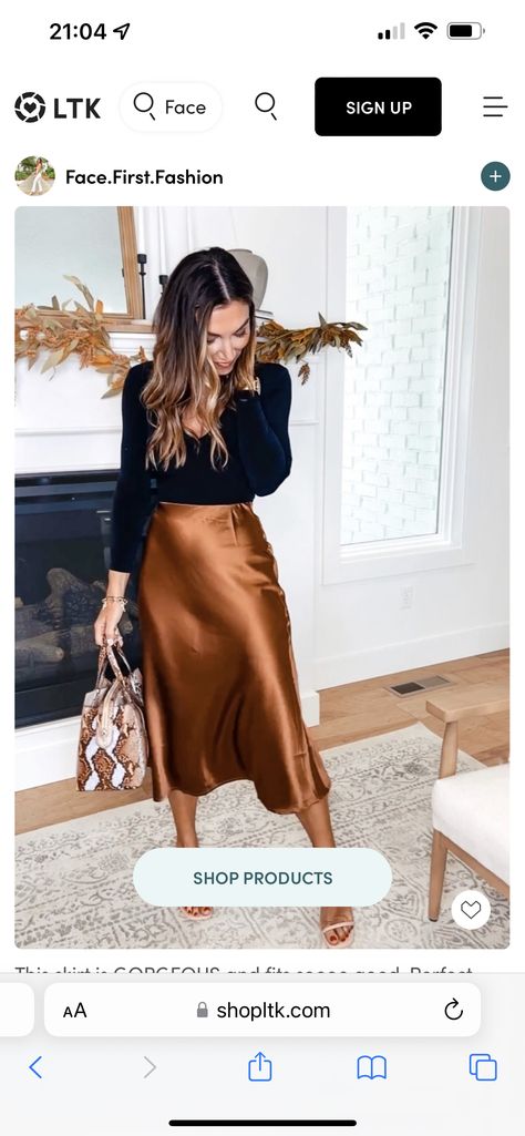 Copper Satin Skirt Outfit, Bronze Skirt Outfit, Copper Skirt Outfit, Brown Silk Skirt Outfit, Leather Blouse Outfit, Brown Satin Skirt Outfit, Satin Skirt Outfit Fall, Skirt With Tshirt, Satin Midi Skirt Outfit