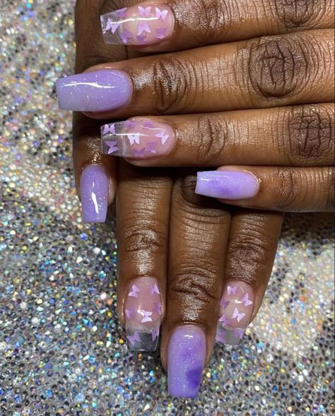 Purple Arclyc Nails, Lilac Acrylic Nails Coffin Short, Purple Nails Butterfly Short, Clear Nails With Butterflies, Purple Acrylic Nails With Butterflies, Acrylic Nails Purple Lavender Butterfly, Purple Nails For Graduation, Purple Nail Designs With Butterflies, Cute Purple Nail Ideas Short