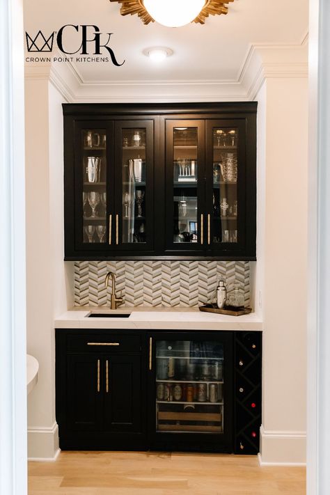 Wet bar with small sink, beverage fridge and wine bottle storage Kitchen Wet Bar Beverage Center, Small Bar Area With Sink, Built In Tv Wall Unit With Mini Bar, Wet Bar Ideas With Sink Small Spaces, Small Wet Bar With Sink, Wet Bar Ideas Small Spaces, Wet Bar Bedroom, Basement Bar Sink Ideas, Small Whiskey Bar