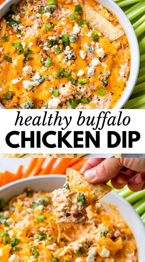 This Healthy Buffalo Chicken Dip is a lightened-up version of your favorite game-day snack. Made with shredded chicken, Greek yogurt, and cottage cheese, it has much more protein and a fraction of the fat and calories! Chicken Dip Recipes, Soup Shooters, Chicken Greek, Healthy Buffalo Chicken Dip, Cottage Cheese Recipes Healthy, Cottage Cheese Dips, Chicken Dip Recipe, Buffalo Chicken Dip Recipe, Healthy High Protein Meals