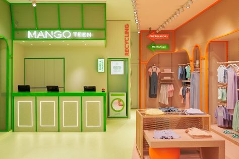 Masquespacio designs "metaverse world" for Mango Teen store Fashion Shop Interior, Mid Century Hotel, Teen Stores, Shopping In Barcelona, Teen Shopping, Hotel Reception, Spanish Design, Art Deco Mirror, Feature Tiles