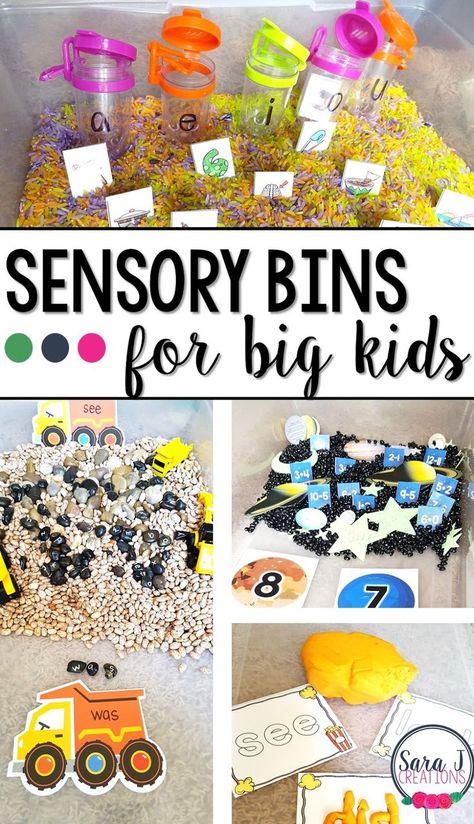 Sensory Bins for big kids is a great gift idea to bring sensory activities to kids in kindergarten and older. Combine it with some letter, number and sight word practice for an extra educational boost! Sensory Bin Center Kindergarten, Sensory Tables For Kindergarten, Sensory Table For Kindergarten, Sensory Bin Gift Ideas, Money Sensory Activities, Sensory Experiences For Preschoolers, September Sensory Bin Kindergarten, First Grade Sensory Activities, Sensory Activities Kindergarten Learning