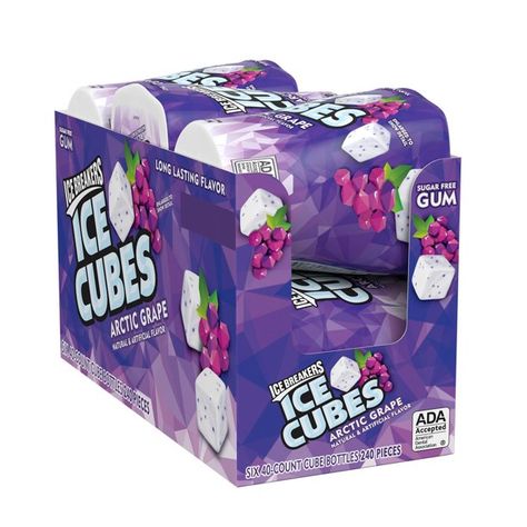 ICE BREAKERS, ICE CUBES Arctic Grape Flavored Sugar Free Chewing Gum, Made with Xylitol, 40 Piece, Container (6 ct) - Walmart.com Ice Breakers Gum, Ice Cubes Gum, Peanut Butter Filled Pretzels, Sugared Grapes, Gum Flavors, Sugar Free Gum, Flavor Ice, Flavored Sugar, Bulk Candy