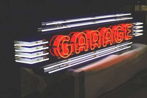 Custom Porcelain Neon 'GARAGE' Sign | Vault Garage Neon Signs, Mechanic Signs, Burger Truck, Mechanic Shop Decor, Retro Garage, Neon Open Sign, Mechanic Shop, Auto Mechanic, Vintage Neon Signs